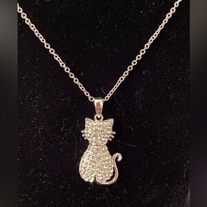 18” Silver Tone Sparkly Crystal Kitty Cat Pendant Necklace
